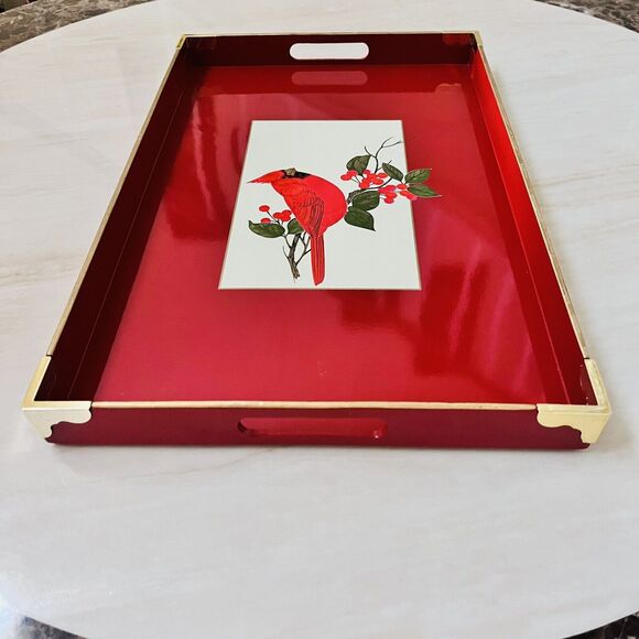 Vintage Otagiri Lacquerware Red Cardinal Berries Christmas Tray  w/Handles Japan - Picture 3 of 11